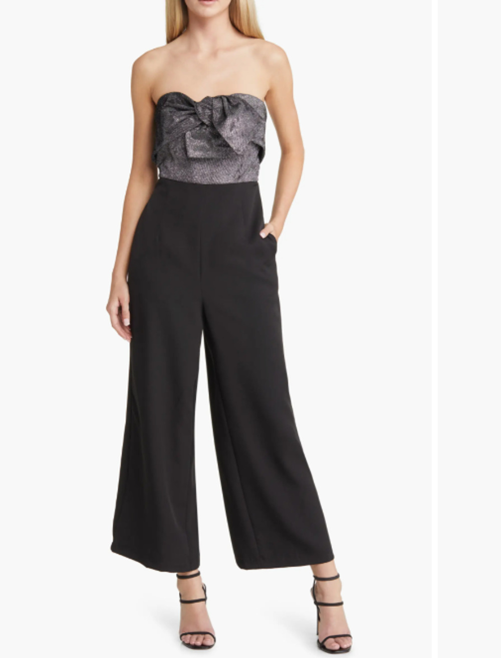 SAM EDELMAN Womens Cady Strapless Jumpsuit Size 4 Black Silver Metallic Bow NWT
